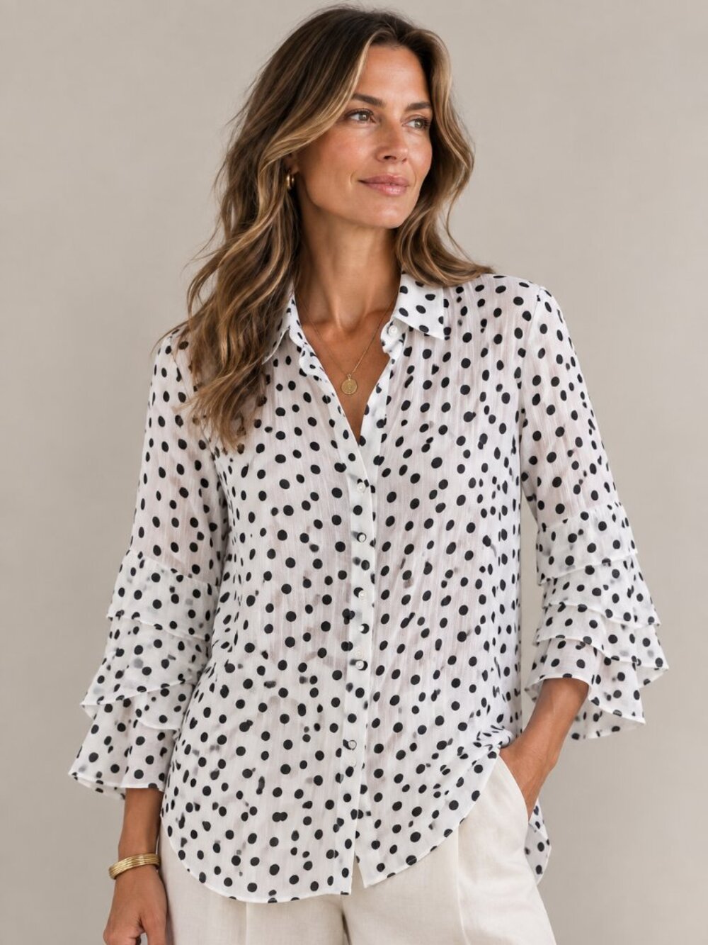 CHICO'S Polka Dot Ruffle Sleeve Blouse White Black Euro Chic Quiet Luxury Career